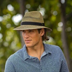 Panama Jack Safari Straw Hat 3" Big Brim 3-Pleat Ribbon Inner Elastic Sweatband